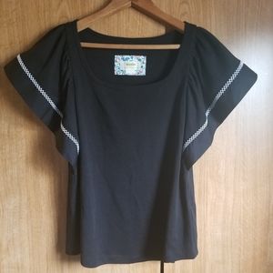 Maeve Black Top Embroidered Ruffle Sleeves Sz S